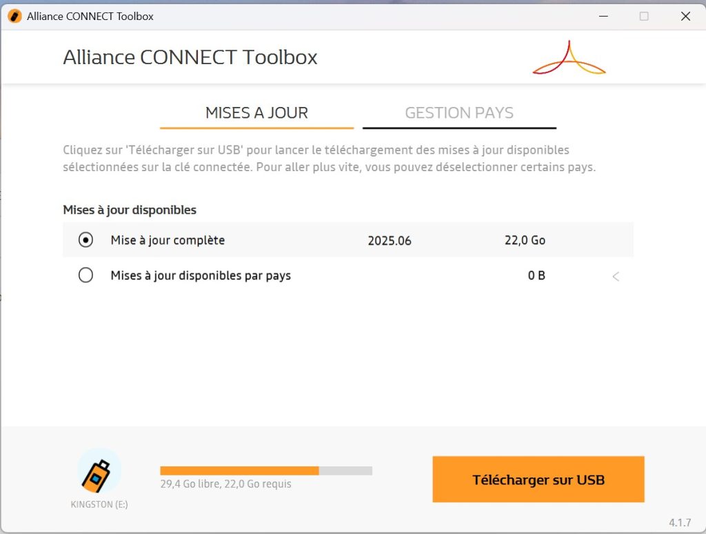 Capture d'écran de l'application Alliance CONNECT Toolbox affichant les options de mise à jour pour le système de navigation Easy Link, y compris la mise à jour complète et les mises à jour par pays.